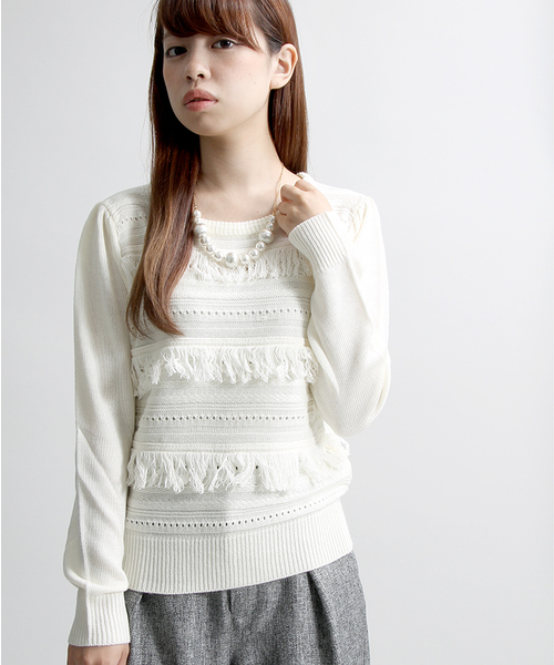 WEGO（ウィゴー）の「WEGO/ フリンジニット（ニット/セーター・レディース・キャメル/アイボリー・FREE）」の2枚目の写真
