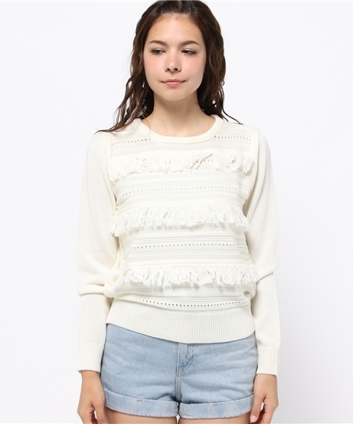 WEGO（ウィゴー）の「WEGO/ フリンジニット（ニット/セーター・レディース・キャメル/アイボリー・FREE）」の3枚目の写真