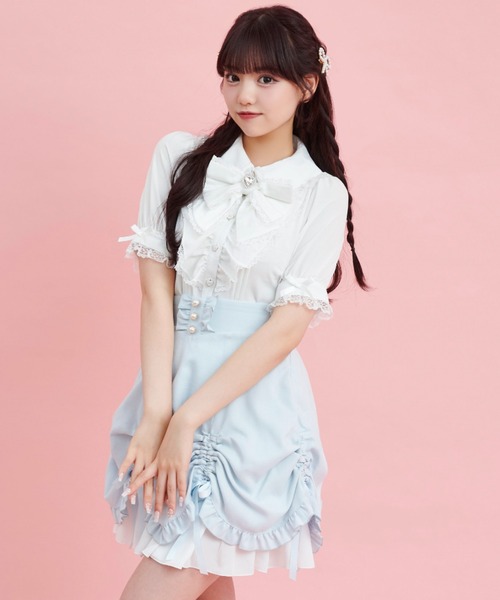Secret Honey（シークレットハニー）の「ラッフルギャザー半袖ブラウス（シャツ/ブラウス・レディース・ブルー/オフホワイト・MEDIUM）」の3枚目の写真