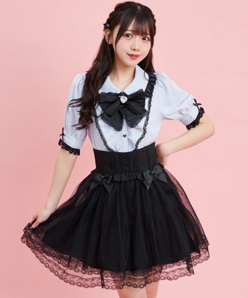 Secret Honey（シークレットハニー）の「ラッフルギャザー半袖ブラウス（シャツ/ブラウス・レディース・ブルー/オフホワイト・MEDIUM）」の6枚目の写真