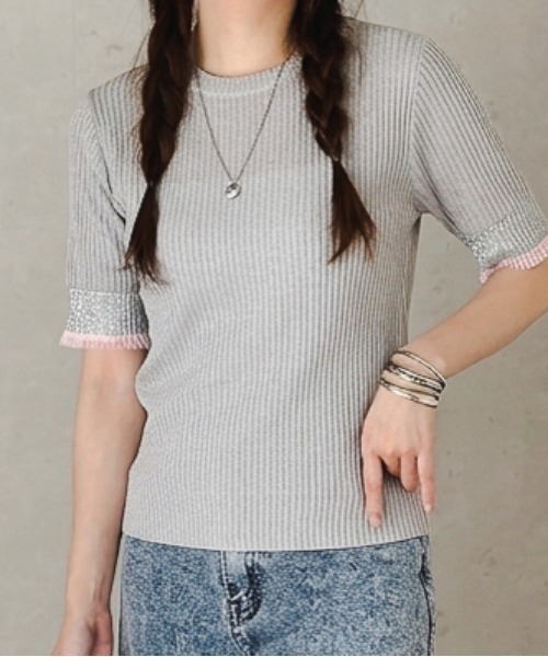 Per sist ence(パーシエンス)の「ラメシアー袖 リブニット配色プルオーバー(Tシャツ/カットソー・レディース・ブラック/オフホワイト/グレー・FREE)」の3枚目の写真