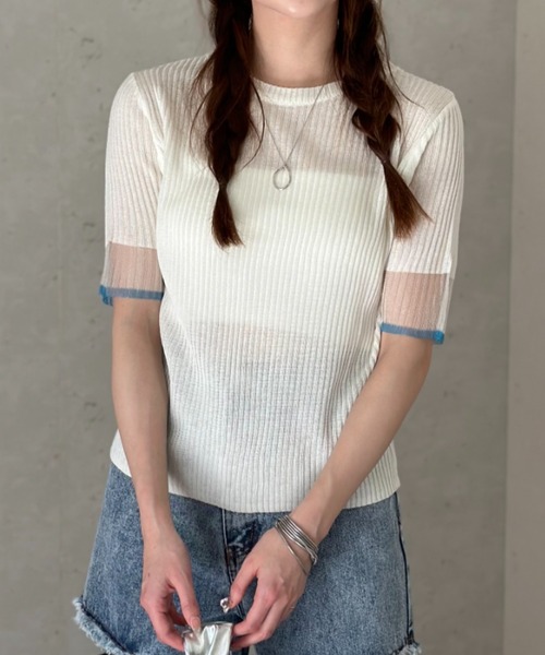 Per sist ence(パーシエンス)の「ラメシアー袖 リブニット配色プルオーバー(Tシャツ/カットソー・レディース・ブラック/オフホワイト/グレー・FREE)」の2枚目の写真