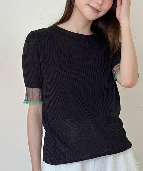 Per sist ence(パーシエンス)の「ラメシアー袖 リブニット配色プルオーバー(Tシャツ/カットソー・レディース・ブラック/オフホワイト/グレー・FREE)」の1枚目の写真