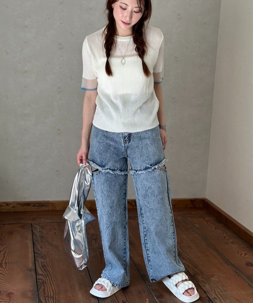 Per sist ence(パーシエンス)の「ラメシアー袖 リブニット配色プルオーバー(Tシャツ/カットソー・レディース・ブラック/オフホワイト/グレー・FREE)」の12枚目の写真