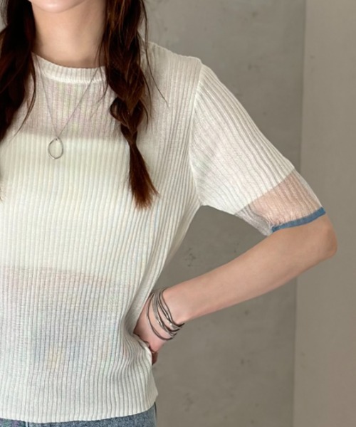 Per sist ence(パーシエンス)の「ラメシアー袖 リブニット配色プルオーバー(Tシャツ/カットソー・レディース・ブラック/オフホワイト/グレー・FREE)」の13枚目の写真