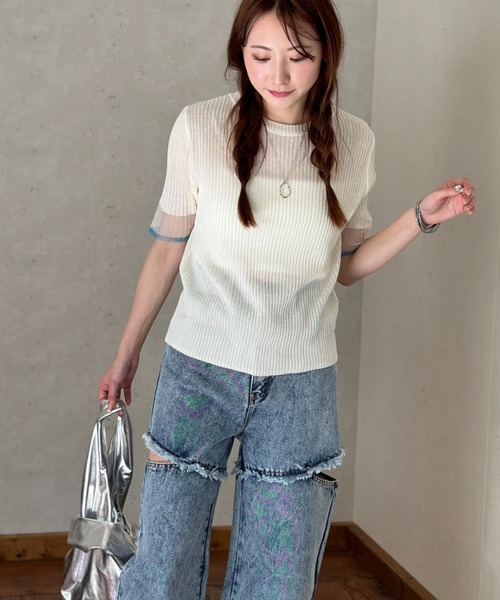 Per sist ence(パーシエンス)の「ラメシアー袖 リブニット配色プルオーバー(Tシャツ/カットソー・レディース・ブラック/オフホワイト/グレー・FREE)」の19枚目の写真