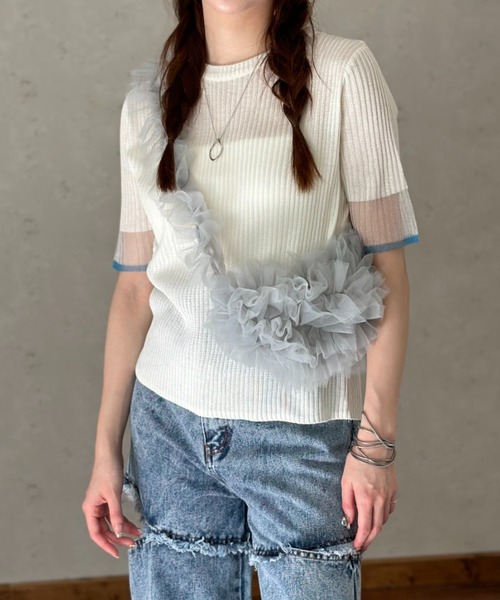 Per sist ence(パーシエンス)の「ラメシアー袖 リブニット配色プルオーバー(Tシャツ/カットソー・レディース・ブラック/オフホワイト/グレー・FREE)」の5枚目の写真