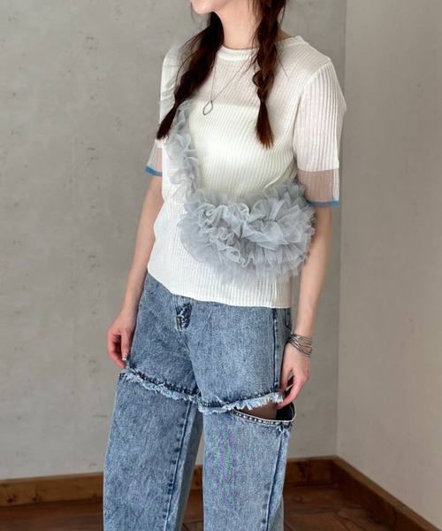 Per sist ence(パーシエンス)の「ラメシアー袖 リブニット配色プルオーバー(Tシャツ/カットソー・レディース・ブラック/オフホワイト/グレー・FREE)」の6枚目の写真