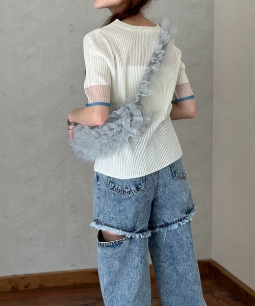 Per sist ence(パーシエンス)の「ラメシアー袖 リブニット配色プルオーバー(Tシャツ/カットソー・レディース・ブラック/オフホワイト/グレー・FREE)」の7枚目の写真