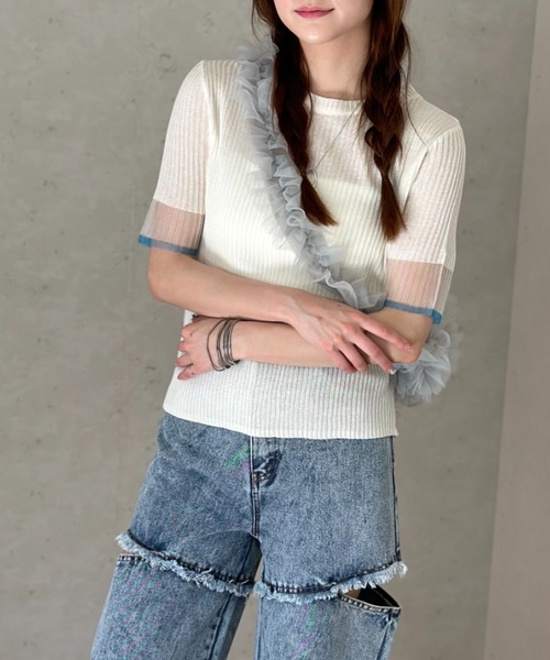 Per sist ence(パーシエンス)の「ラメシアー袖 リブニット配色プルオーバー(Tシャツ/カットソー・レディース・ブラック/オフホワイト/グレー・FREE)」の9枚目の写真