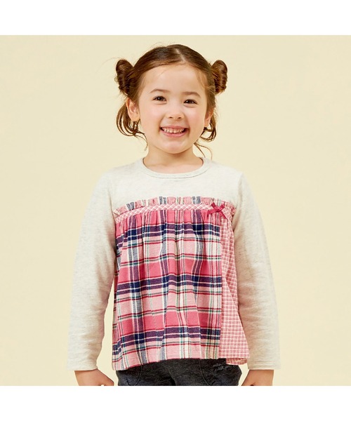 KP（ケーピー）の「チェック切り替えリボン付き長袖Tシャツ(80～150)（Tシャツ/カットソー・キッズ・ピンク/ネイビー・80ｃｍ/90cm/100cm/110cm/120cm/130cm/140cm/150cm）」の2枚目の写真