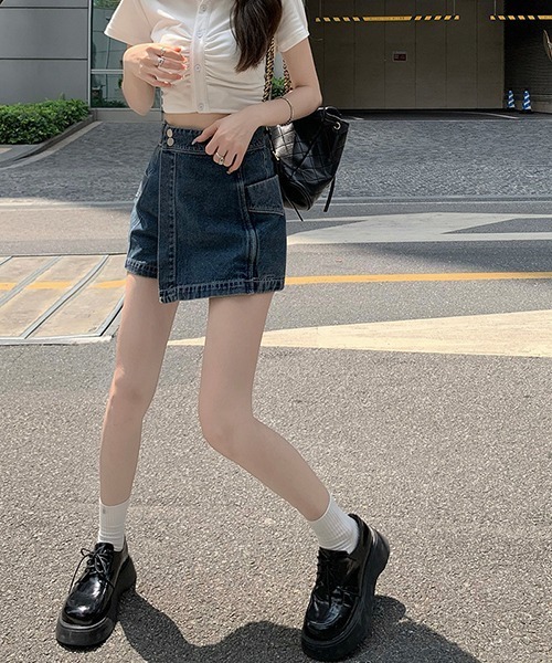 ☆25SS☆ラップディテールキュロットパンツ/RECTO☆ セール】Y2K Aライン デニム キュロット ショートパンツ（デニム