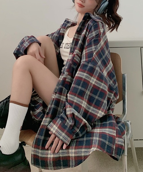 ハグオーワー⭐︎ チェックフリルシャツ セール】オーバーサイズチェック柄シャツ（シャツ/ブラウス