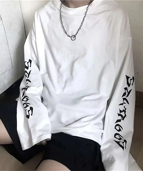 NO WAY(ノーウェイ)の「/WARAIJOGO/袖プリントモノトーン長袖Tシャツ/ロンT(Tシャツ/カットソー・メンズ・ホワイト/ブラック・FREE)」の2枚目の写真