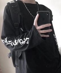 /WARAIJOGO/袖プリントモノトーン長袖Tシャツ/ロンT