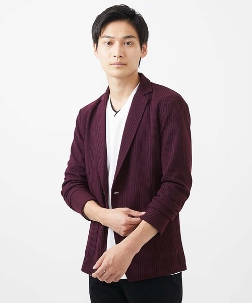 MK MICHEL KLEIN HOMME （エムケーミッシェルクランオム）の「【残りわずか/在庫限り/洗える】ジャーディガン/フクレストライプ（テーラードジャケット・メンズ・ブラック/ボルドー・48/51/46）」の4枚目の写真