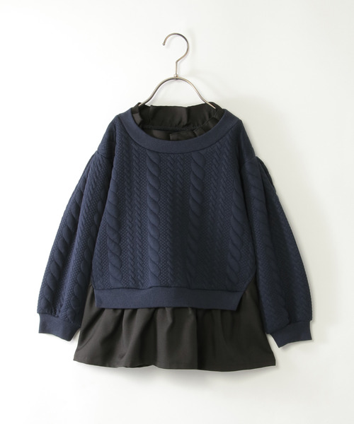 ikka(イッカ)の「フクレジャカード襟裾フリルプルオーバー(120~160cm)(Tシャツ/カットソー・キッズ・ネイビー/ベージュ・120/130/140/150/160)」の1枚目の写真