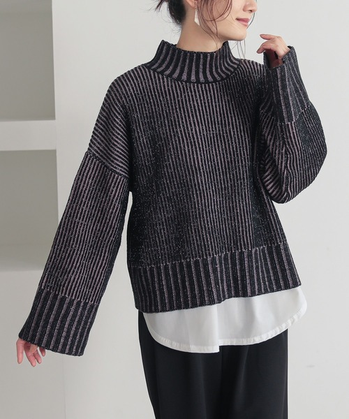 n'OrLABEL（ノアールレーベル）の「『配色二重臼ラメハイネックニット』（ニット/セーター・レディース・ブラック/ベージュ/ブルー・FREE）」の2枚目の写真