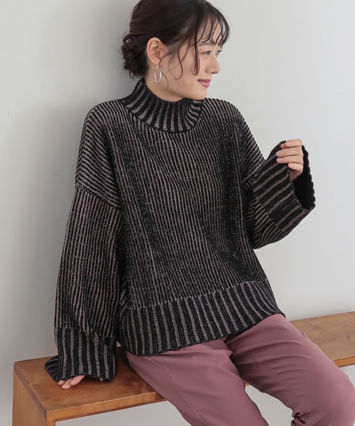 n'OrLABEL（ノアールレーベル）の「『配色二重臼ラメハイネックニット』（ニット/セーター・レディース・ブラック/ベージュ/ブルー・FREE）」の13枚目の写真