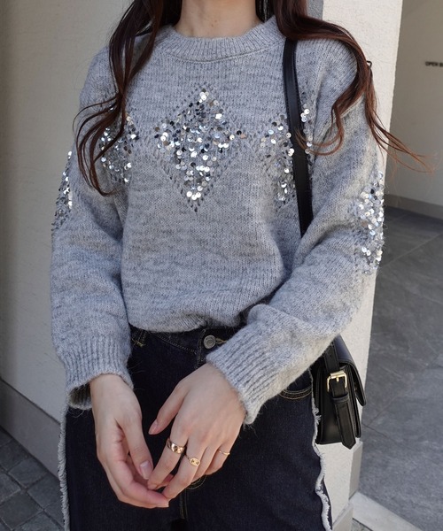 CORNERS（コーナーズ）の「スパンコールアーガイルニットプルオーバー（ニット/セーター・レディース・オートミール/ワイン/ブラック/グレー/オフホワイト・M）」の3枚目の写真