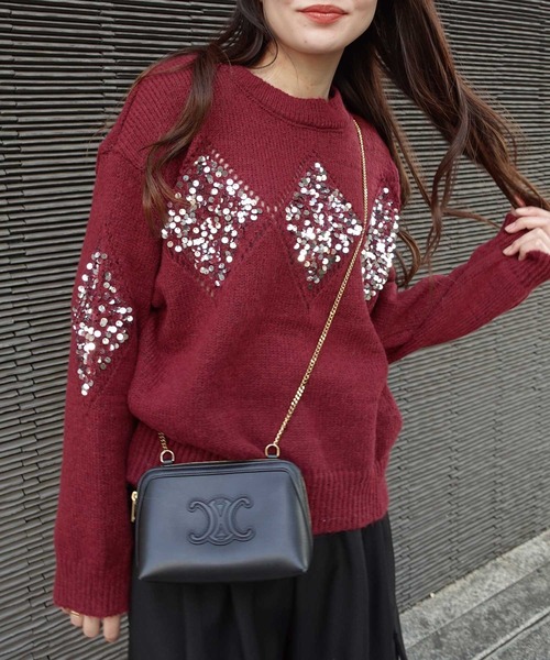 CORNERS（コーナーズ）の「スパンコールアーガイルニットプルオーバー（ニット/セーター・レディース・オートミール/ワイン/ブラック/グレー/オフホワイト・M）」の5枚目の写真