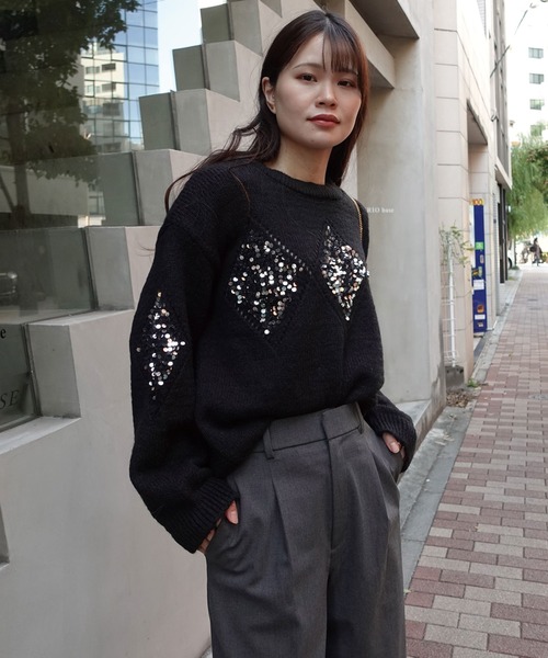 CORNERS（コーナーズ）の「スパンコールアーガイルニットプルオーバー（ニット/セーター・レディース・オートミール/ワイン/ブラック/グレー/オフホワイト・M）」の8枚目の写真