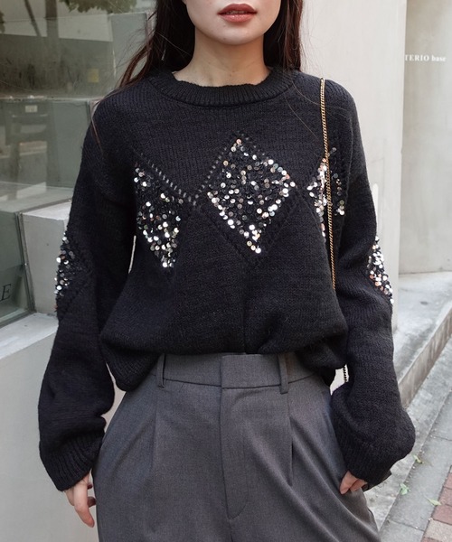 CORNERS（コーナーズ）の「スパンコールアーガイルニットプルオーバー（ニット/セーター・レディース・オートミール/ワイン/ブラック/グレー/オフホワイト・M）」の10枚目の写真