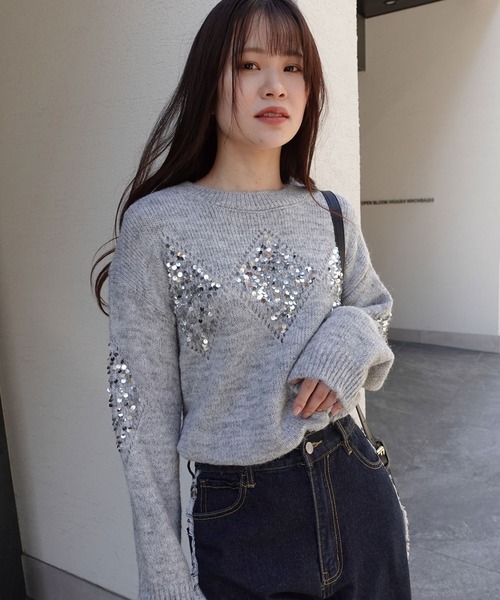 CORNERS（コーナーズ）の「スパンコールアーガイルニットプルオーバー（ニット/セーター・レディース・オートミール/ワイン/ブラック/グレー/オフホワイト・M）」の12枚目の写真