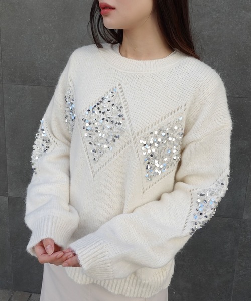 CORNERS（コーナーズ）の「スパンコールアーガイルニットプルオーバー（ニット/セーター・レディース・オートミール/ワイン/ブラック/グレー/オフホワイト・M）」の15枚目の写真