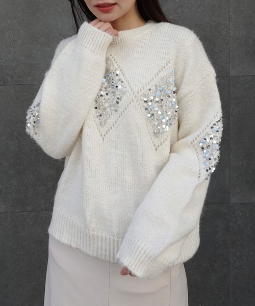 CORNERS（コーナーズ）の「スパンコールアーガイルニットプルオーバー（ニット/セーター・レディース・オートミール/ワイン/ブラック/グレー/オフホワイト・M）」の17枚目の写真