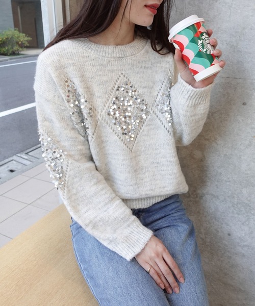 CORNERS（コーナーズ）の「スパンコールアーガイルニットプルオーバー（ニット/セーター・レディース・オートミール/ワイン/ブラック/グレー/オフホワイト・M）」の18枚目の写真