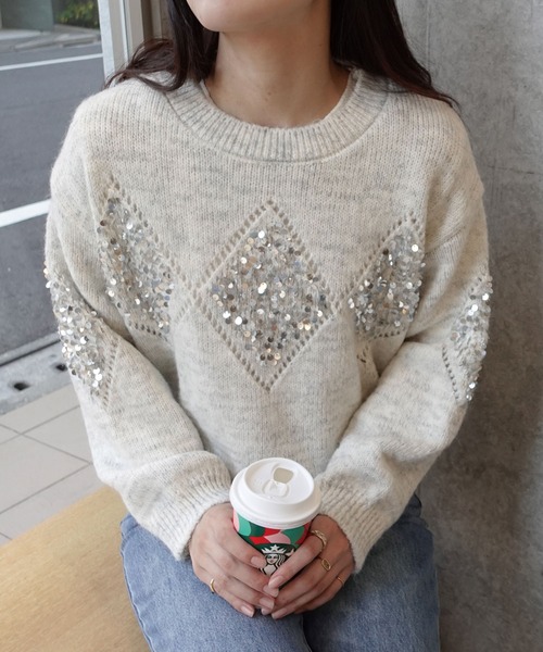 セール】スパンコールアーガイルニットプルオーバー（ニット/セーター