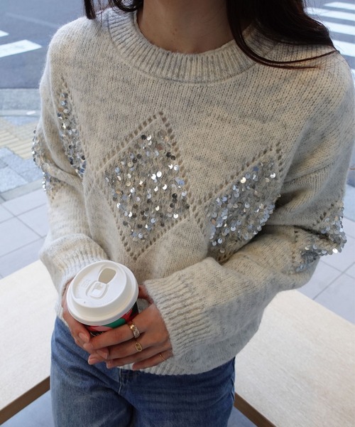 CORNERS（コーナーズ）の「スパンコールアーガイルニットプルオーバー（ニット/セーター・レディース・オートミール/ワイン/ブラック/グレー/オフホワイト・M）」の20枚目の写真