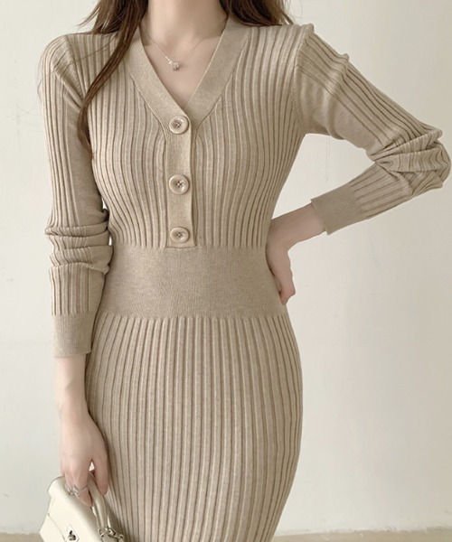 【セール】Vネックミモレ丈リブニットワンピース（ワンピース）｜Gs（ジーエス）