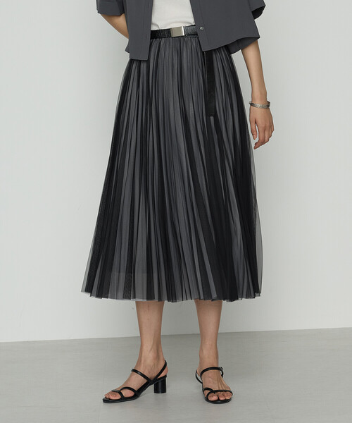 COMME CA（コムサ）の「【セットアップ対応】ソフトチュール×オーガンジートリコット広幅 スカート（スカート・レディース・ネイビー/ライトグレー/ブルー/ターコイズブルー/ブラック×グレー・7号/9号/11号）」の2枚目の写真