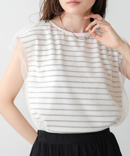 Bab(バブ)の「チュールボーダーノースリーブトップス(Tシャツ/カットソー・レディース・杢グレー/オフホワイト/ブラック/ピンク・FREE)」の3枚目の写真