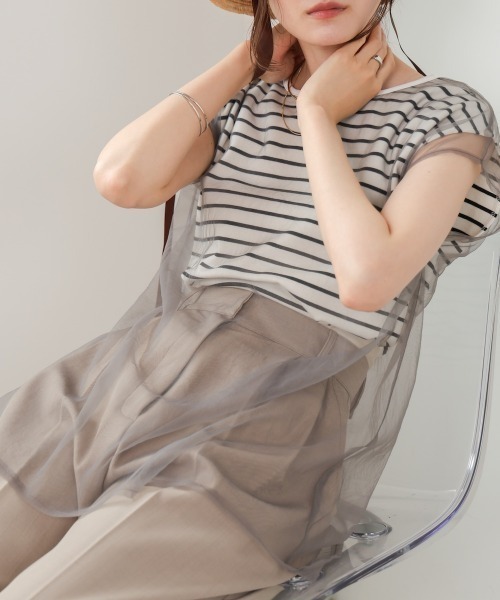 Bab(バブ)の「チュールボーダーノースリーブトップス(Tシャツ/カットソー・レディース・杢グレー/オフホワイト/ブラック/ピンク・FREE)」の18枚目の写真
