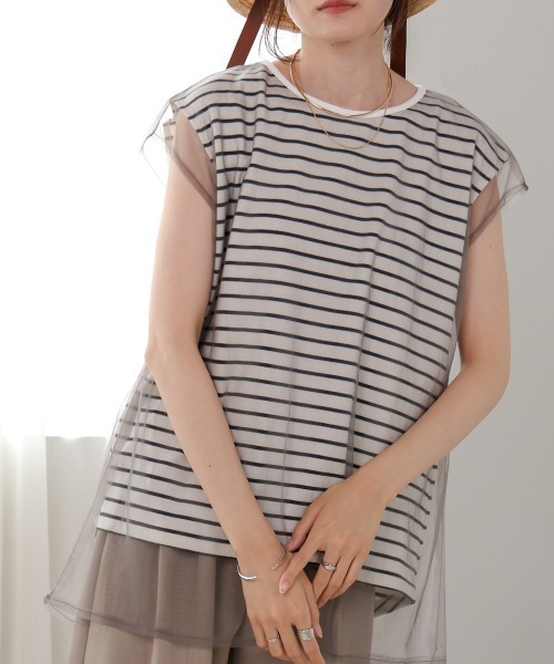 Bab(バブ)の「チュールボーダーノースリーブトップス(Tシャツ/カットソー・レディース・杢グレー/オフホワイト/ブラック/ピンク・FREE)」の17枚目の写真