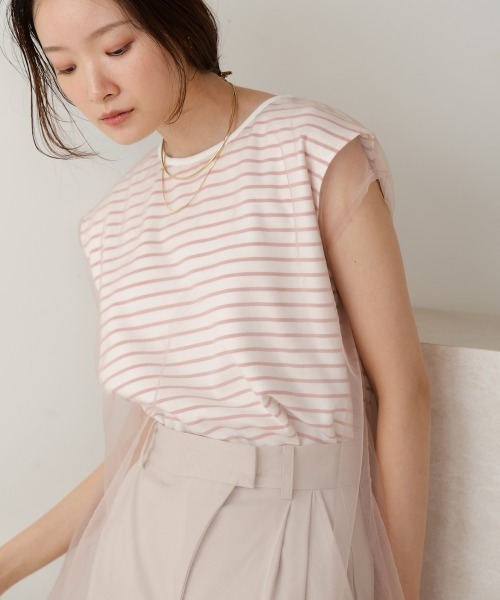 Bab(バブ)の「チュールボーダーノースリーブトップス(Tシャツ/カットソー・レディース・杢グレー/オフホワイト/ブラック/ピンク・FREE)」の15枚目の写真