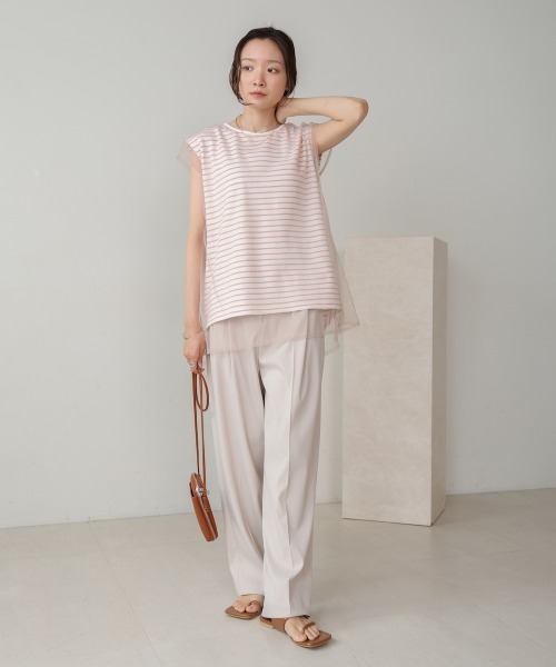 Bab(バブ)の「チュールボーダーノースリーブトップス(Tシャツ/カットソー・レディース・杢グレー/オフホワイト/ブラック/ピンク・FREE)」の5枚目の写真