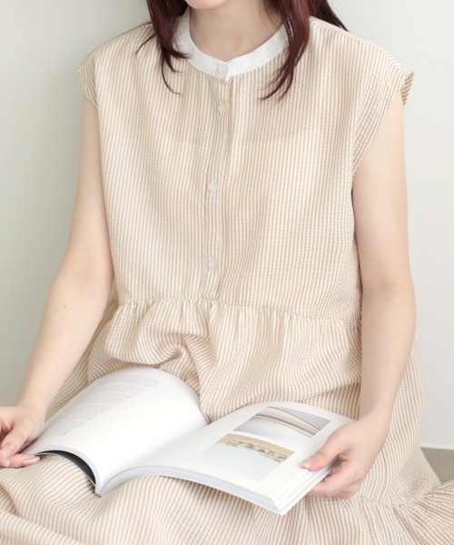 SUNFLOWER EIGHT(サンフラワーエイト)の「ストライプワンピ(シャツワンピース・レディース・ブラック/ライトブルー/ブルー/ベージュ・FREE)」の2枚目の写真