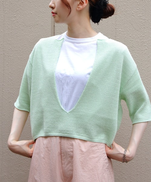MEYAME/メヤメ ロングスリットハーフスリーブニット LONG SLIT