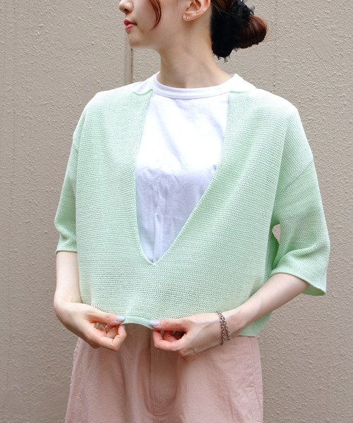 MEYAME/メヤメ ロングスリットハーフスリーブニット LONG SLIT