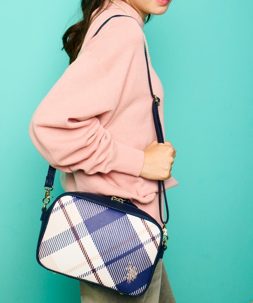 美品◎U.S. POLO ショルダーバッグ ネイビーチェック USPA-2675 U.S. POLO ASSN.】 ユーエスポロアッスン シュリンク クロス