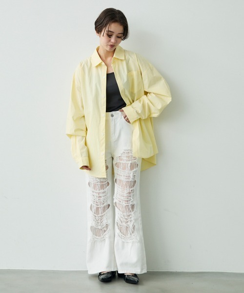 セール】Lace repaired damaged flare white denim pants