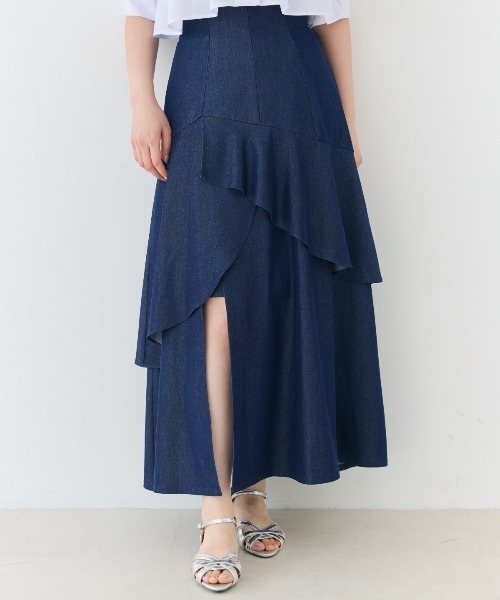 【リメイク】　デニム　チェックレイヤードフリル ロングスカート アンドクチュール AND COUTURE デニムライクレイヤードフリル