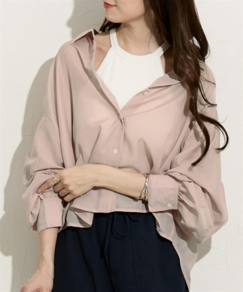 nissen（ニッセン）の「ショート丈シアーシャツ（シャツ/ブラウス・レディース・イエロー/ベージュ/ピンク/グリーン/ブルー・S/M/L/LL）」の2枚目の写真