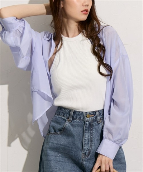 nissen（ニッセン）の「ショート丈シアーシャツ（シャツ/ブラウス・レディース・イエロー/ベージュ/ピンク/グリーン/ブルー・S/M/L/LL）」の4枚目の写真