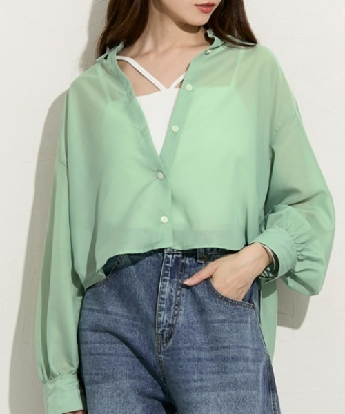 nissen（ニッセン）の「ショート丈シアーシャツ（シャツ/ブラウス・レディース・イエロー/ベージュ/ピンク/グリーン/ブルー・S/M/L/LL）」の3枚目の写真