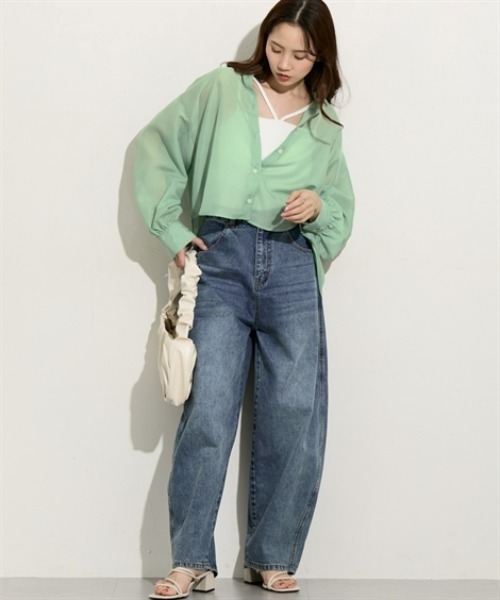 nissen（ニッセン）の「ショート丈シアーシャツ（シャツ/ブラウス・レディース・イエロー/ベージュ/ピンク/グリーン/ブルー・S/M/L/LL）」の7枚目の写真